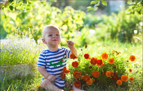 Ребенок на лужайке с цветами