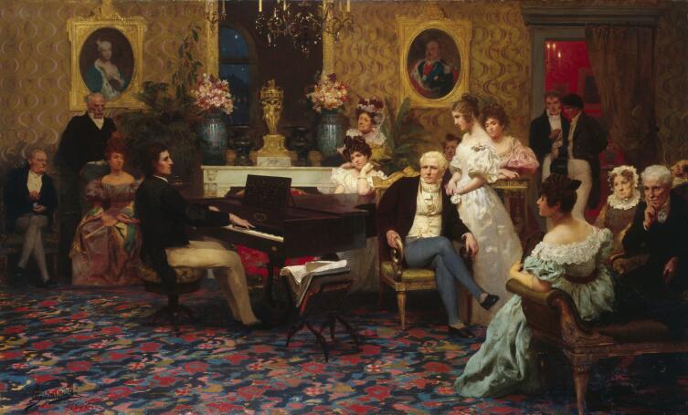 Г. И. Семирадский, «Шопен, играющий на фортепиано в салоне князя Радзивилла», 1887 г.