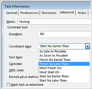 Task Information dialog box, Constraint type menu