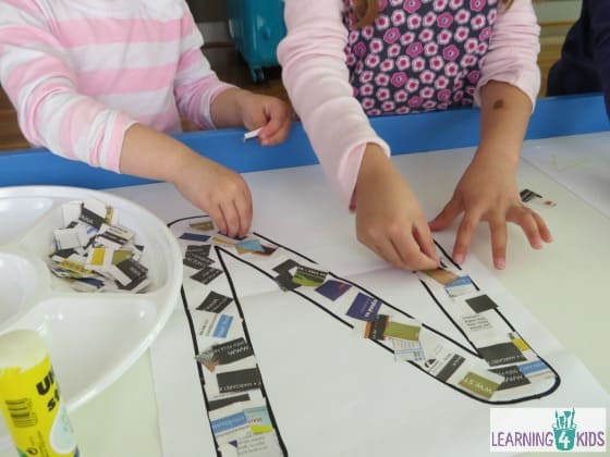 Making a letter n collage with newspaper - learning the letter n